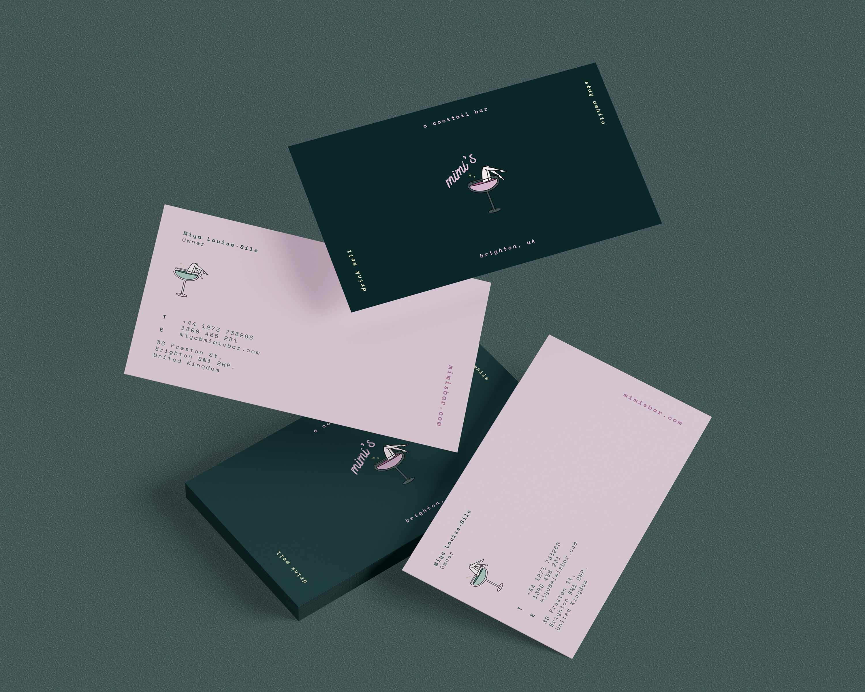 A stack of Mimis Cocktail Bar Business Cards