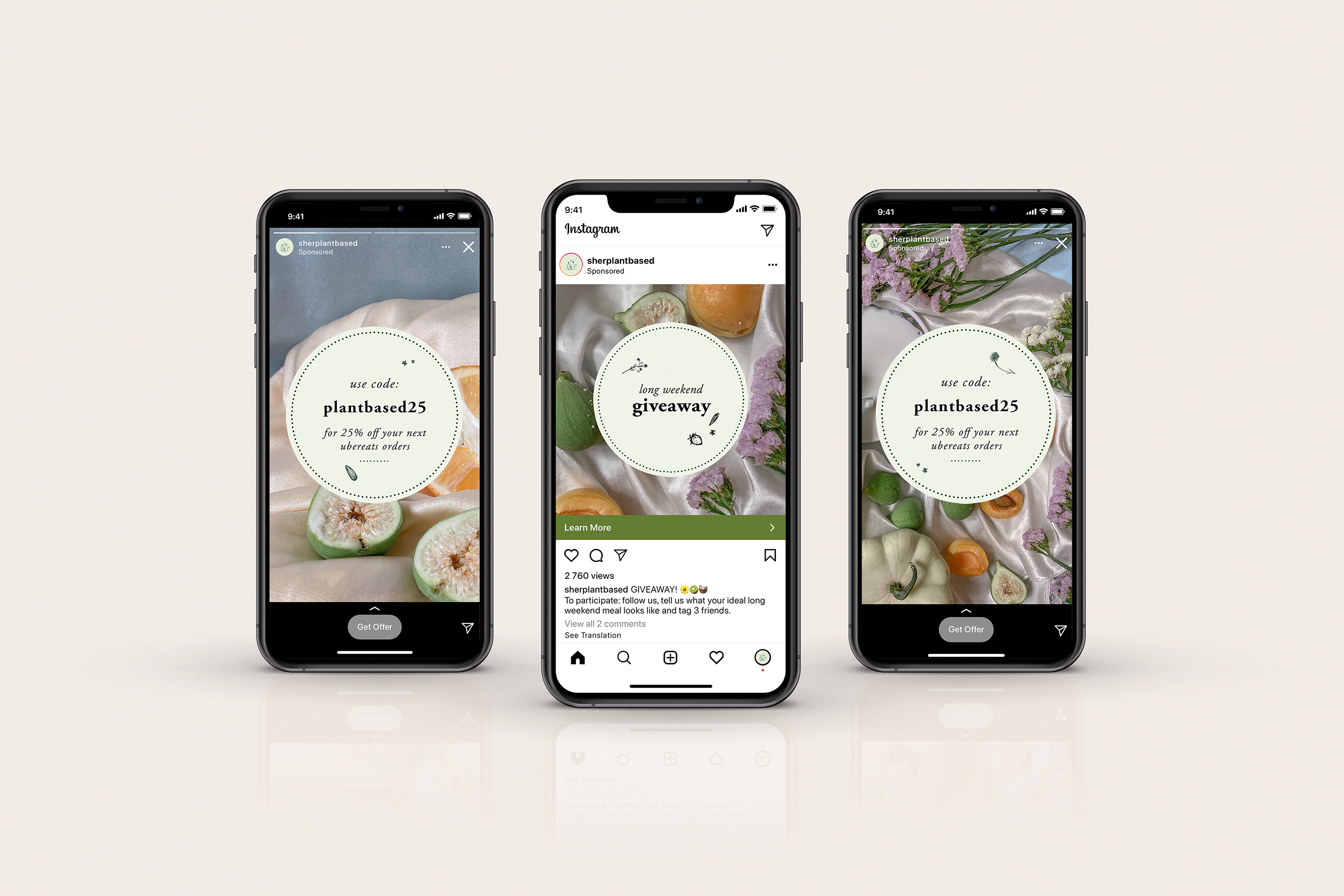 Three iPhones displaying Sher social media advertising