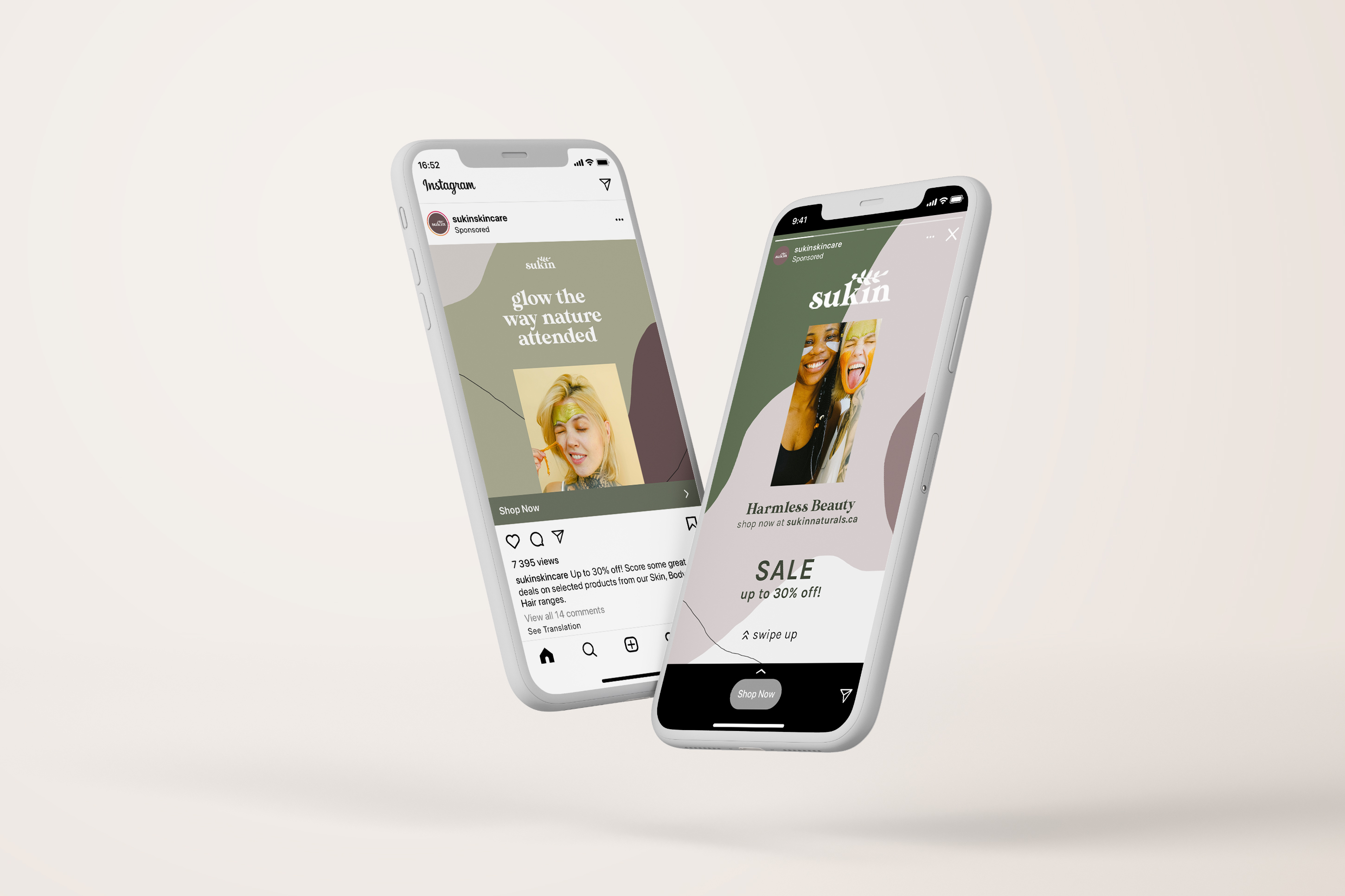 Two iPhones displaying Sukin Skincare adverts on Instagram